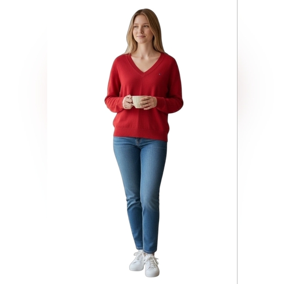 Tommy Hilfiger Sweaters - Tommy Hilfiger Red V-Neck Knit Pullover Classic Logo S/P